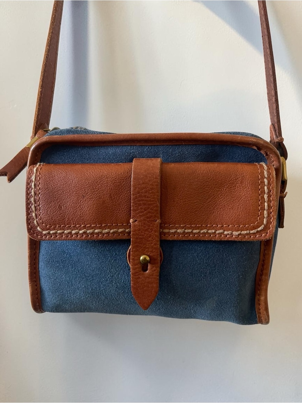 Madewell Camden Mini Crossbody Blue Suede Cognac Leather Camera Bag - Picture 2 of 10